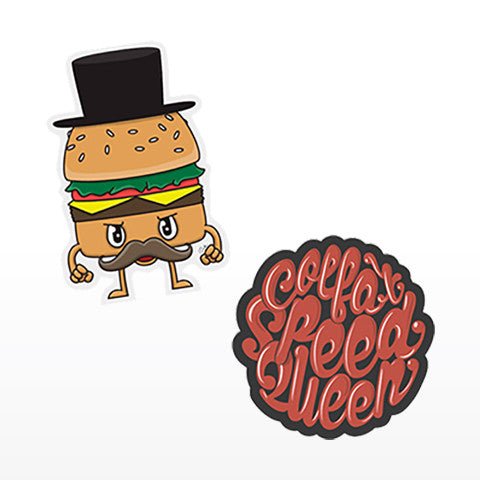 Two colorful die cut stickers printed by Printkeg