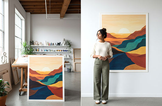 Artist with new reproduction of her artwork
