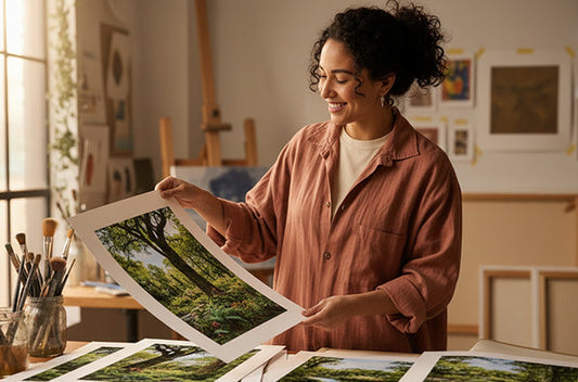 Artist reviewing borders on her prints