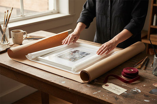 Artist packing a framed print for a gift order