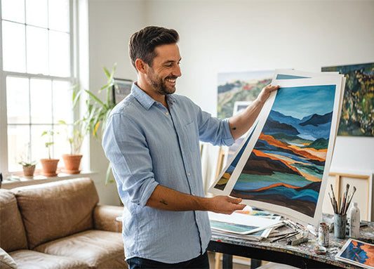 Artist admiring his prints