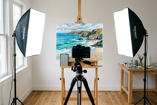 Photographing a painting for prints with a camera on a tripod and two softbox lights