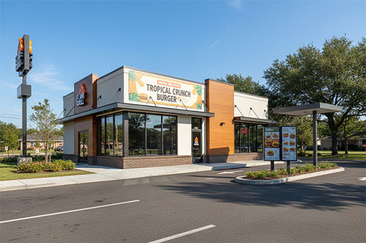QSR restaurant exterior with a limited-time-offer vinyl banner near the drive-thru