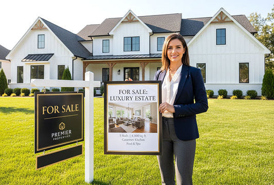 Real Estate Agent with yard signs and poster