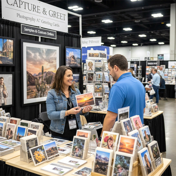 Artist selling greeting cards at convention