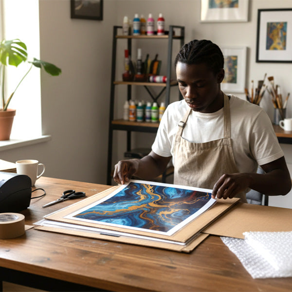 Artist preparing single print for shipping