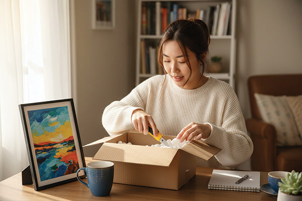 Artist opening box of framed art prints