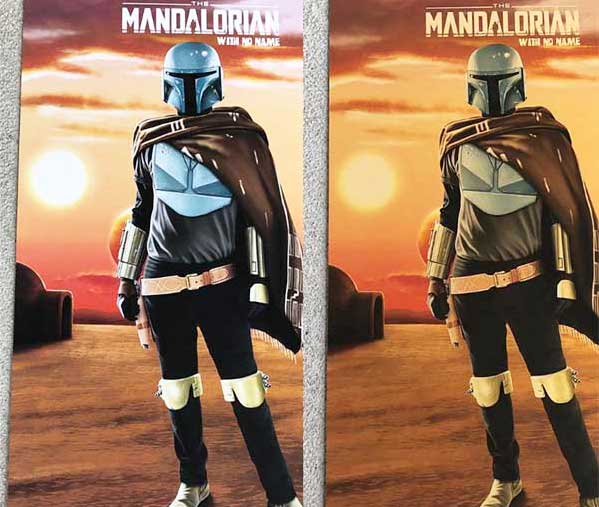 Two variant prints of The Mandalorian side-by-side