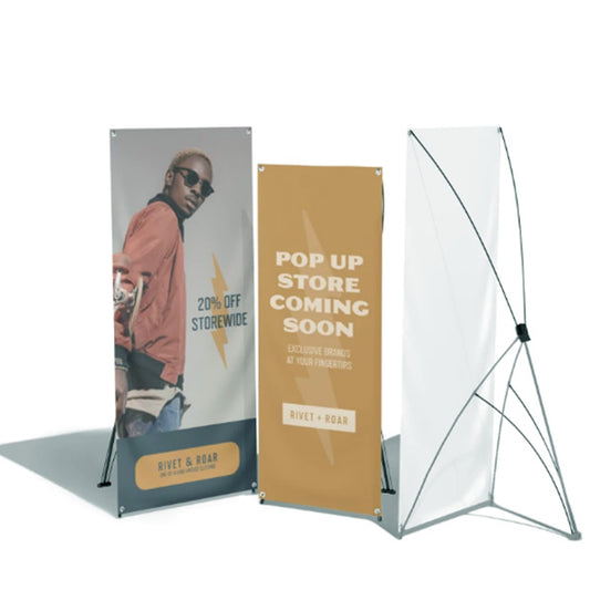 Pop-up store promotional x-style banners and a stand