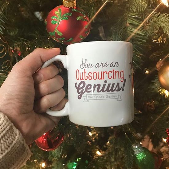 Custom mug in front of a Christmas tree